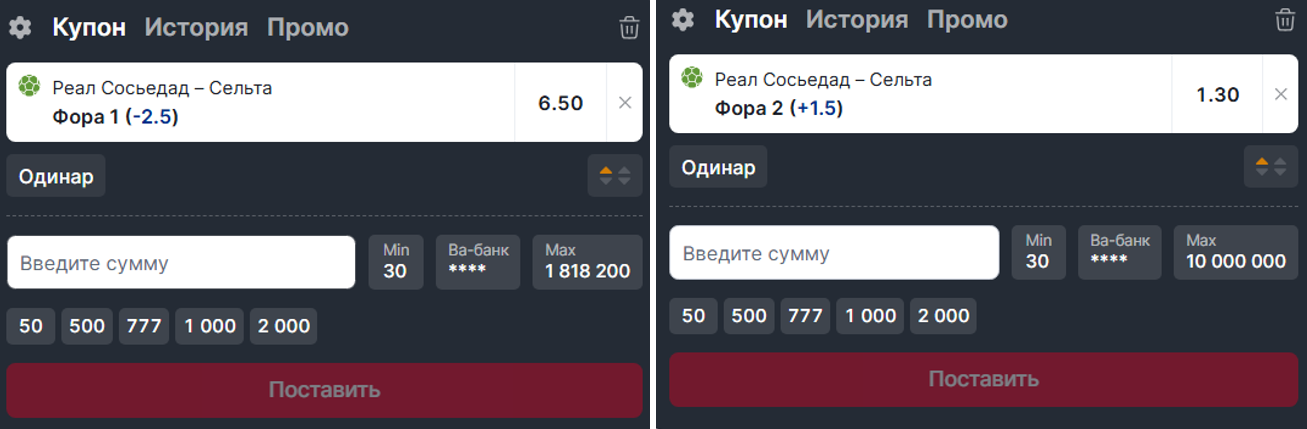 Фора 1 и Фора 2 в Фонбет