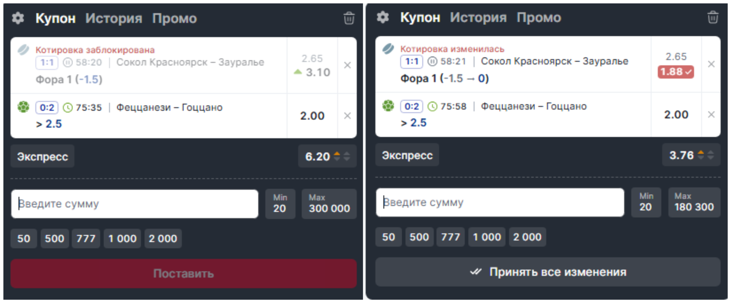 Изменение форы и коэффициента в Фонбет